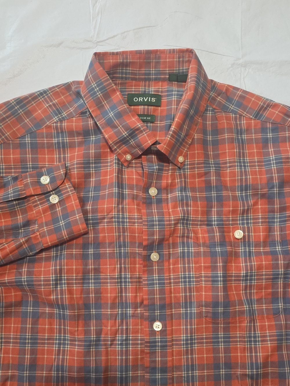 Orvis Men's Classic Fit Orange Blue Gray Plaid Long Sleeve Button-down XL